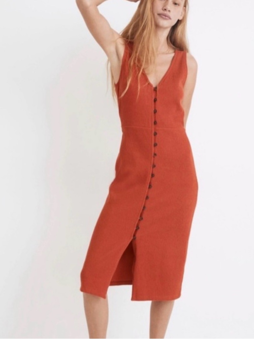 Madewell Ribbed V-Neck Button-Front Midi Dress in Rust